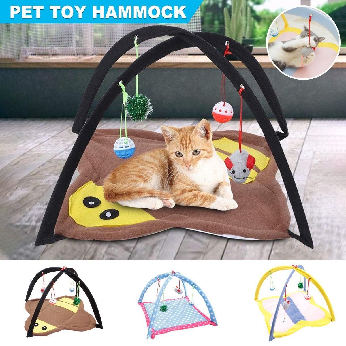 Breathable Pet Hammock Cat Bed with Fun Cartoon Bell Toy Cat Tent Supplies - Blue Polka Dots