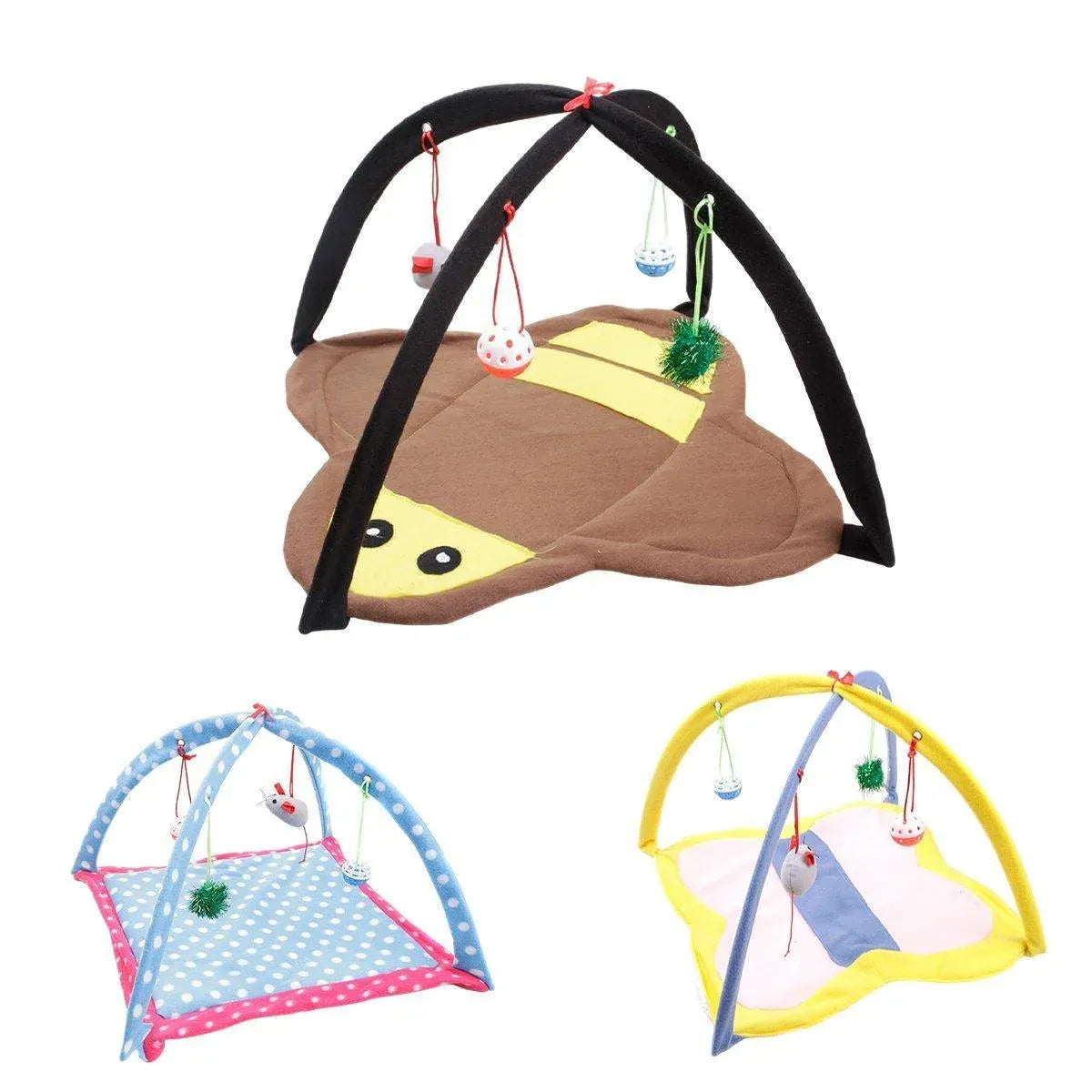 Breathable Pet Hammock Cat Bed with Fun Cartoon Bell Toy Cat Tent Supplies - Blue Polka Dots