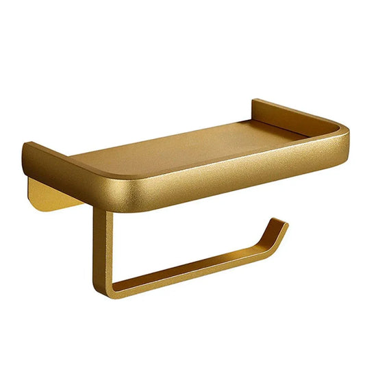Wall Mounted Aluminum Toilet Paper Holder Non-perforated Tissue Cell Phone Shelf - Golden