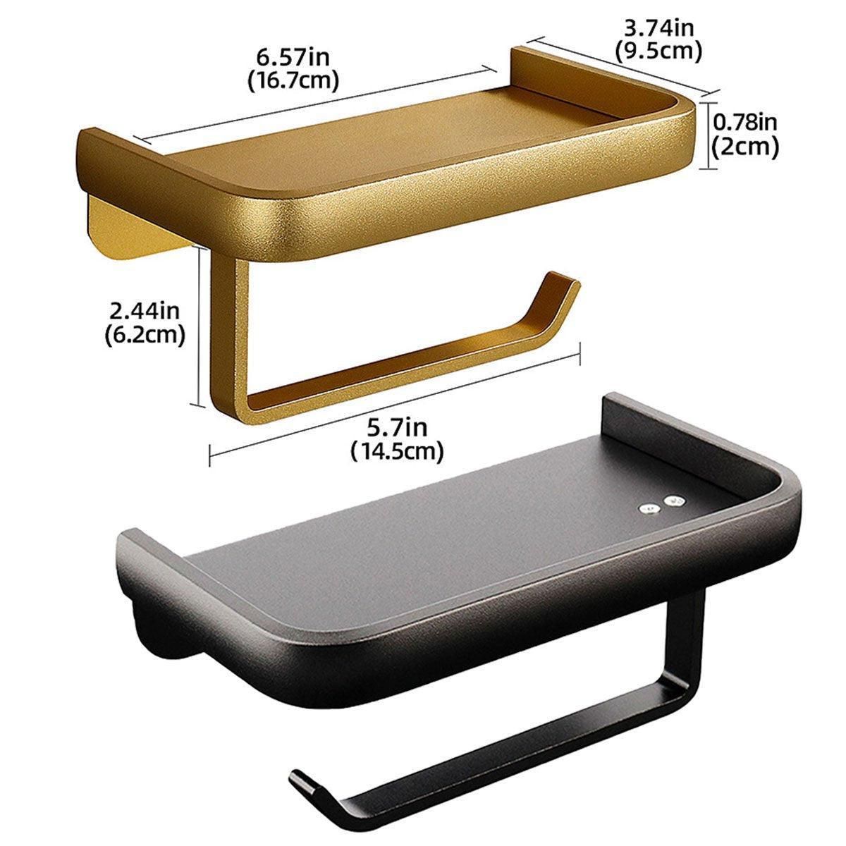 Wall Mounted Aluminum Toilet Paper Holder Non-perforated Tissue Cell Phone Shelf - Golden