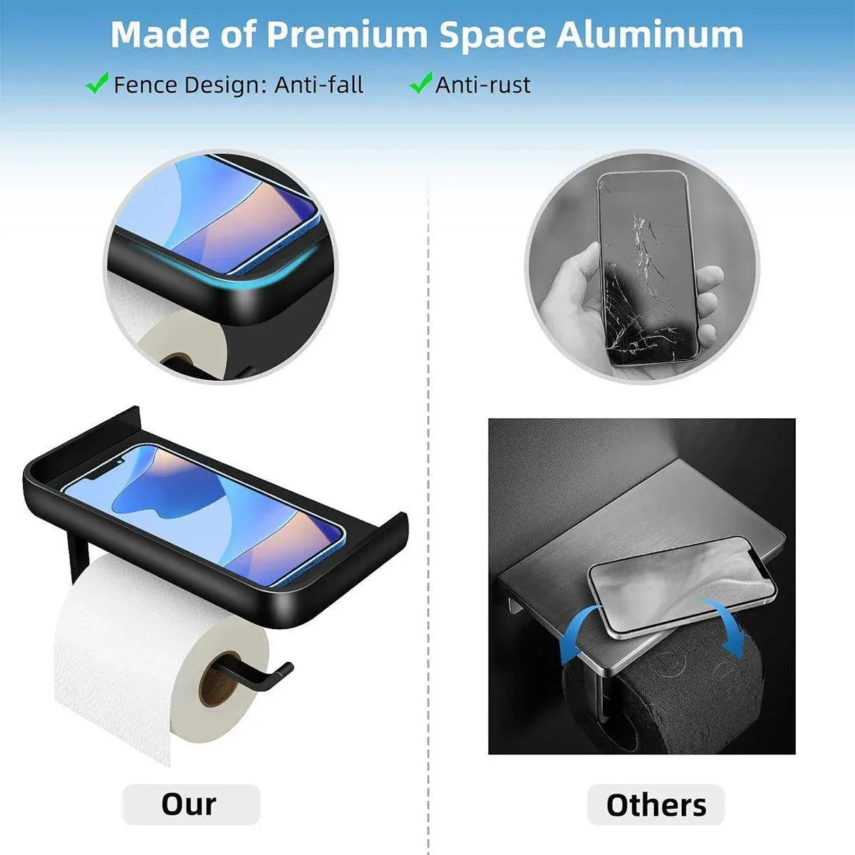 Wall Mounted Aluminum Toilet Paper Holder Non-perforated Tissue Cell Phone Shelf - Golden
