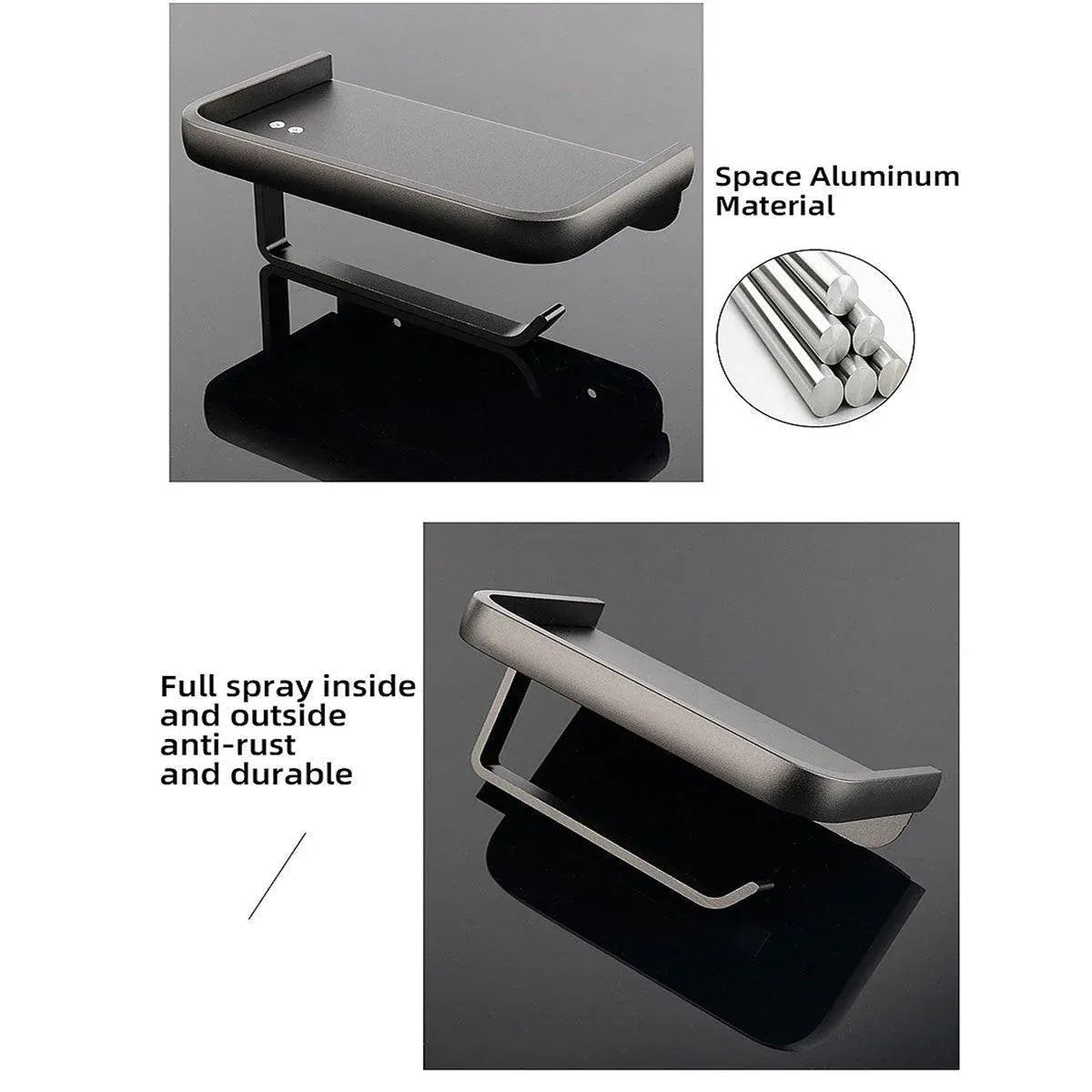 Wall Mounted Aluminum Toilet Paper Holder Non-perforated Tissue Cell Phone Shelf - Golden