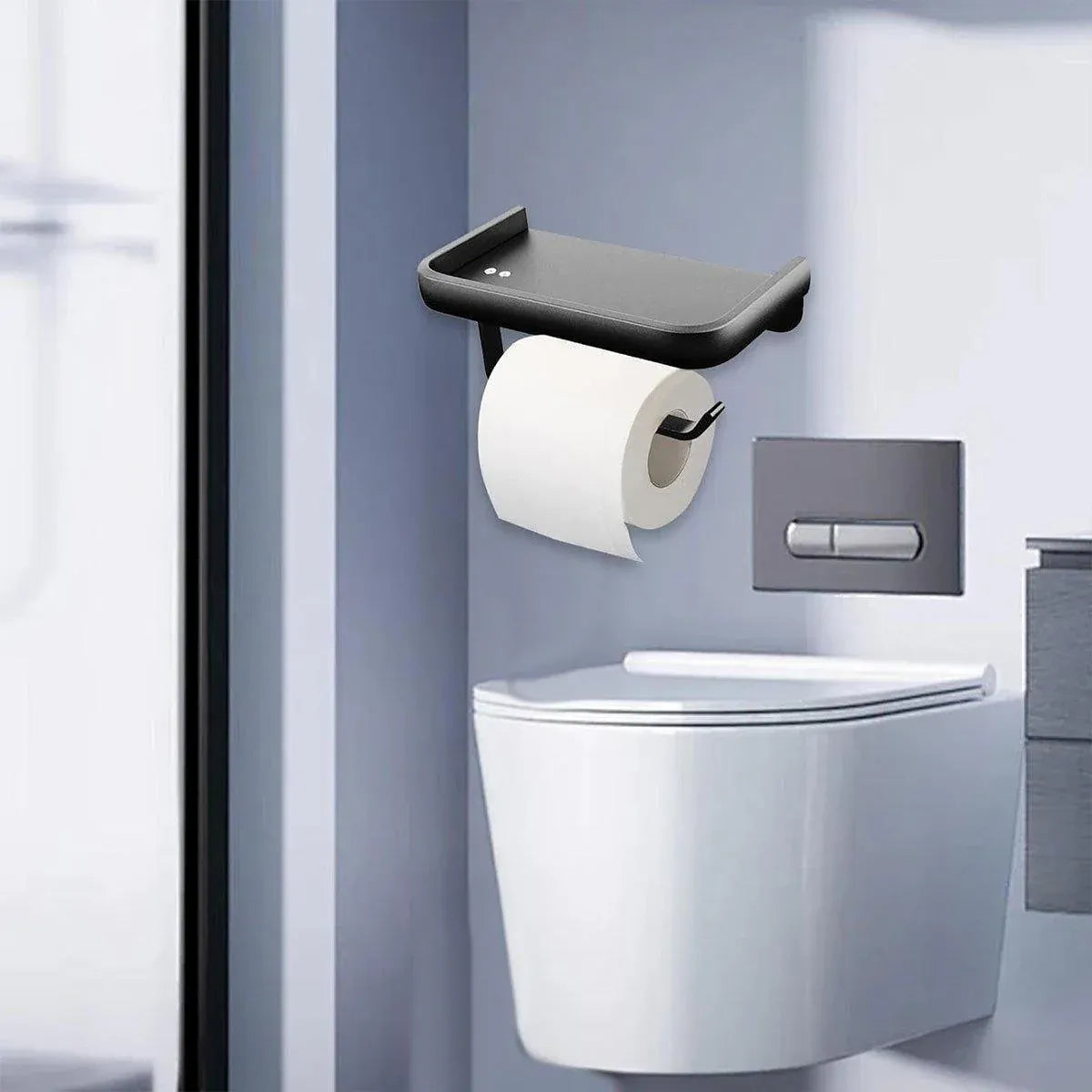 Wall Mounted Aluminum Toilet Paper Holder Non-perforated Tissue Cell Phone Shelf - Golden