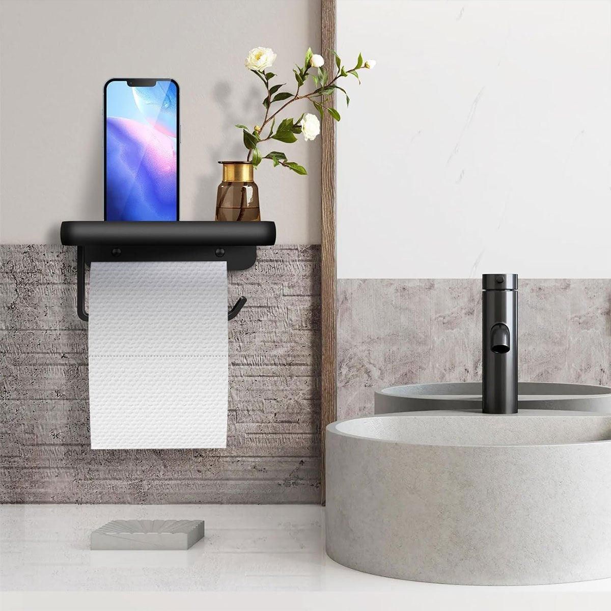 Wall Mounted Aluminum Toilet Paper Holder Non-perforated Tissue Cell Phone Shelf - Golden