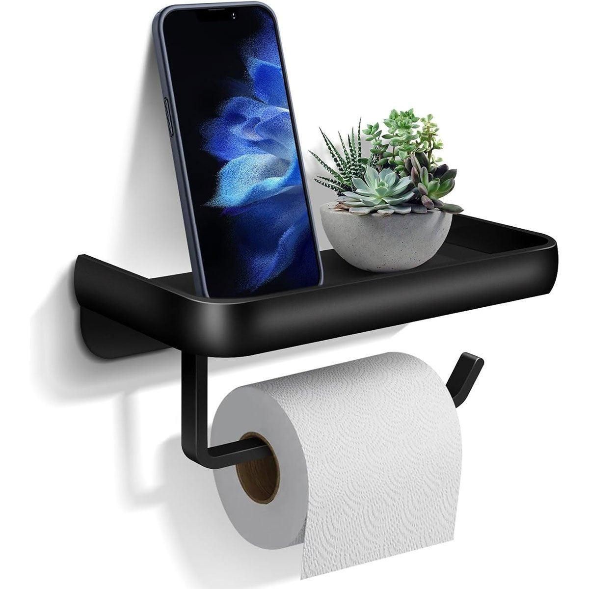 Wall Mounted Aluminum Toilet Paper Holder Non-perforated Tissue Cell Phone Shelf - Golden