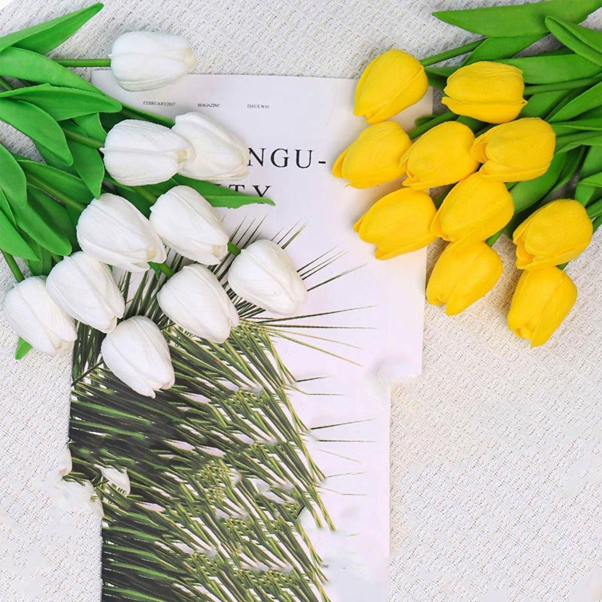 20PCS Real Touch Artificial Tulip Bouquet Fake Flowers for Home Wedding Decor - Yellow