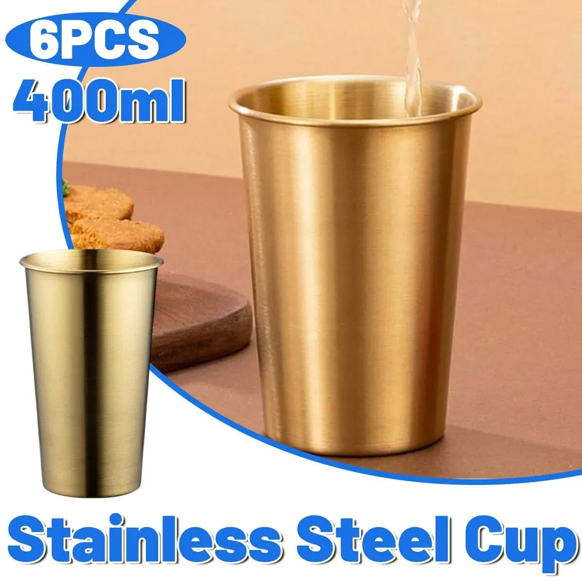 Stainless Steel Cup Set 6pcs Gold 400ml Curled Lip 304 Cold Drink Pint