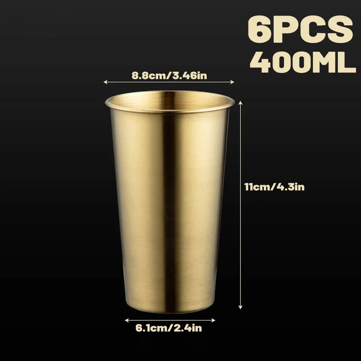 Stainless Steel Cup Set 6pcs Gold 400ml Curled Lip 304 Cold Drink Pint