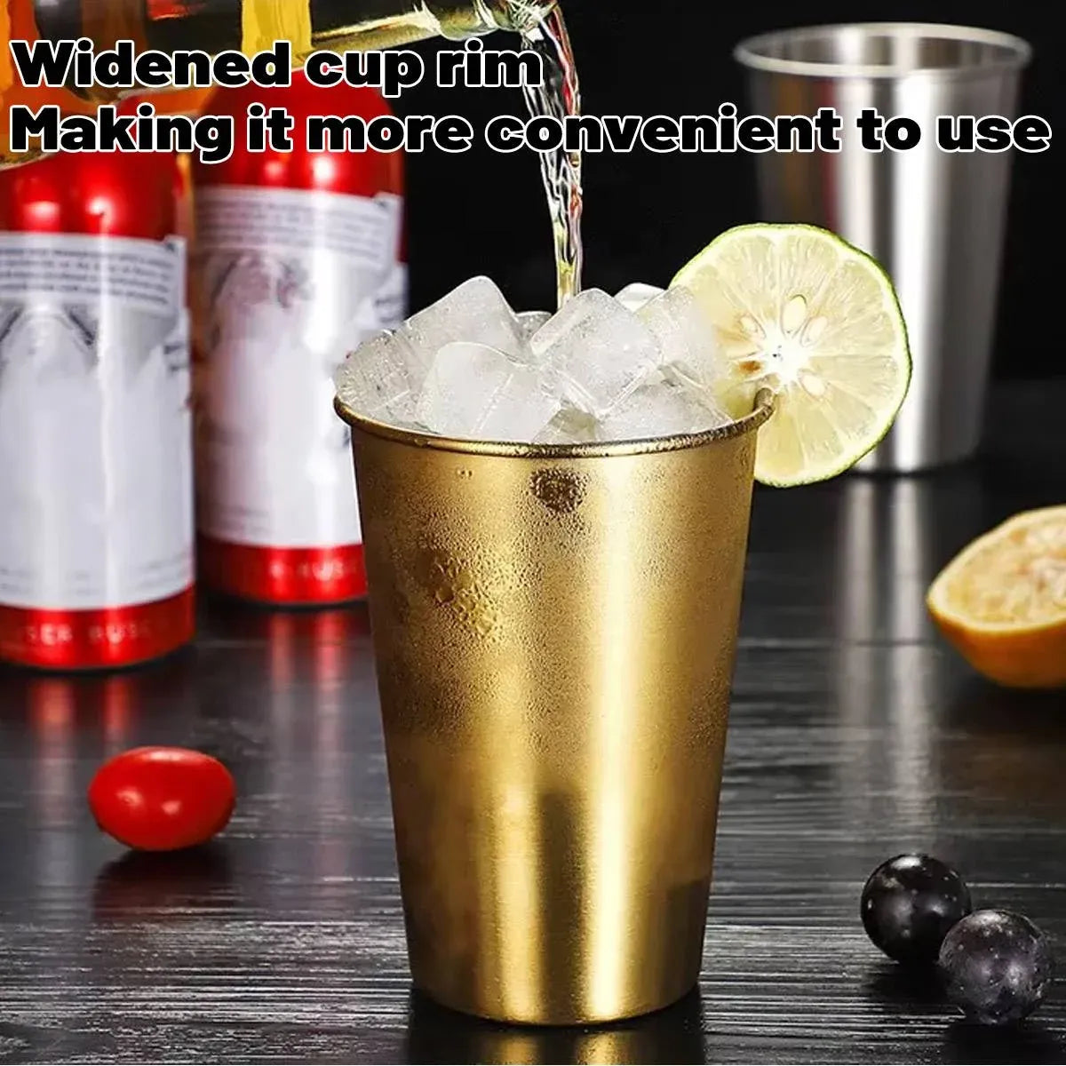Stainless Steel Cup Set 6pcs Gold 400ml Curled Lip 304 Cold Drink Pint
