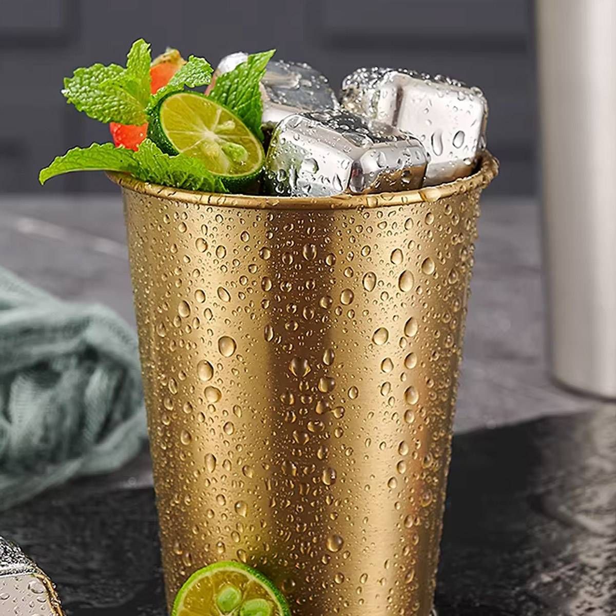Stainless Steel Cup Set 6pcs Gold 400ml Curled Lip 304 Cold Drink Pint