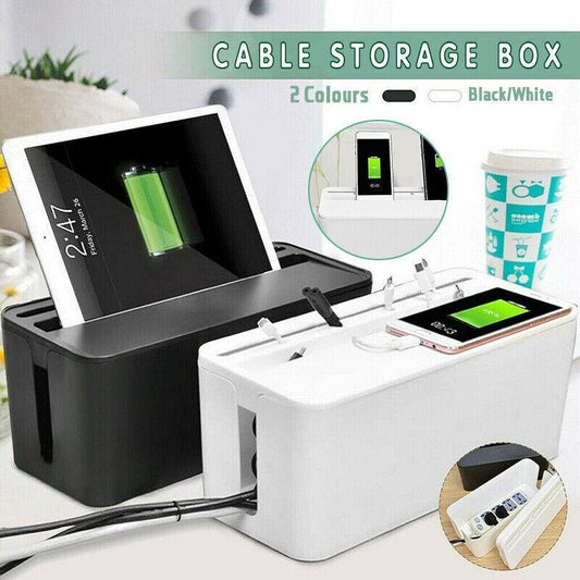 Large Cable Wire Cord Storage Box Case with Lid for Power Board and Device Charging - White