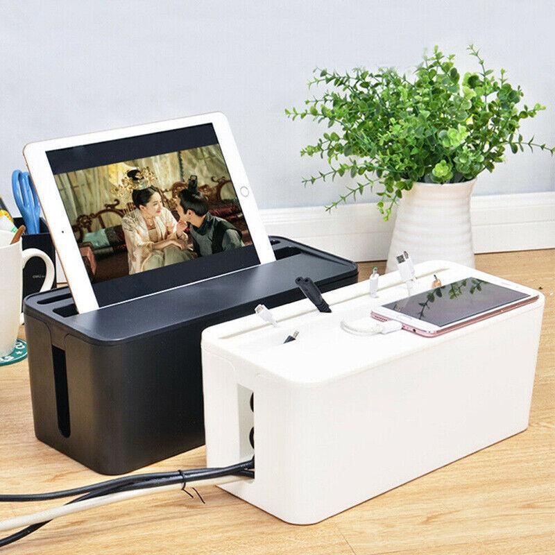 Large Cable Wire Cord Storage Box Case with Lid for Power Board and Device Charging - White