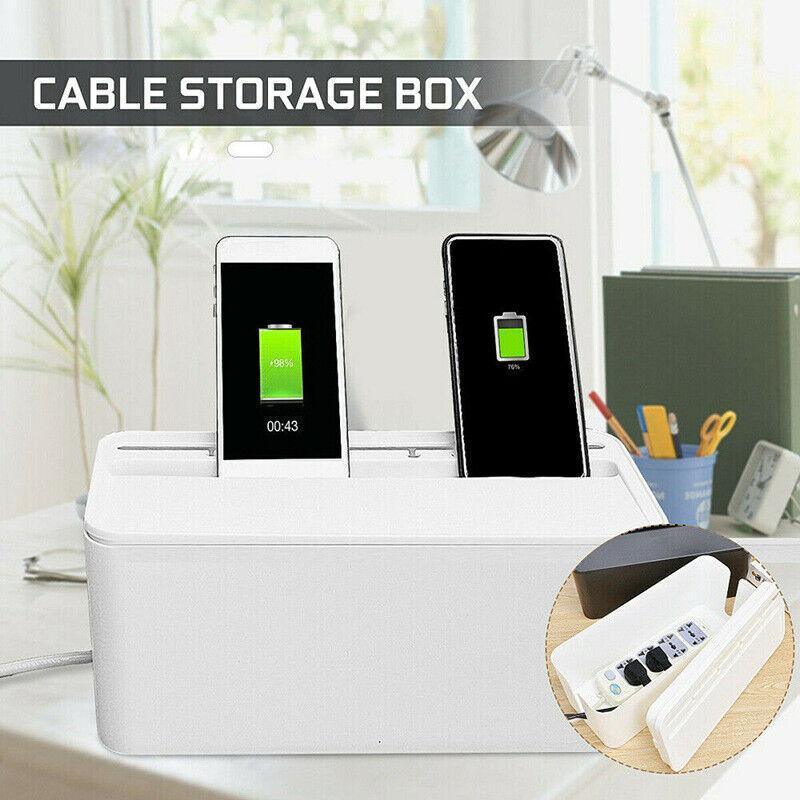 Large Cable Wire Cord Storage Box Case with Lid for Power Board and Device Charging - White