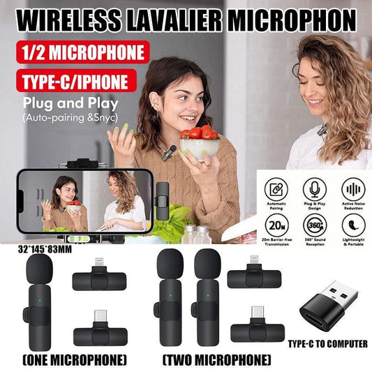 Wireless Lavalier Microphone Mini Mic For Android iPhone iPad Vlog Live Stream - Lightning (Two Microphones)
