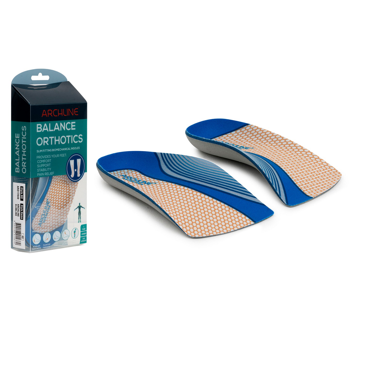 ARCHLINE 3/4 Slim Orthotics Plantar Fasciitis Insoles Balance Support Relief - EUR 40