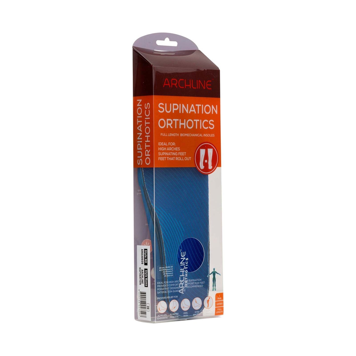 Archline Supination Orthotic Insoles - Full Length (Unisex) Plantar Fasciitis High Arch - Euro 46