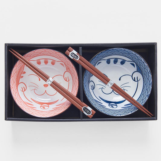 Bowl Set 2pcs with Chopsticks Red & Blue Cat Maneki Wave Design