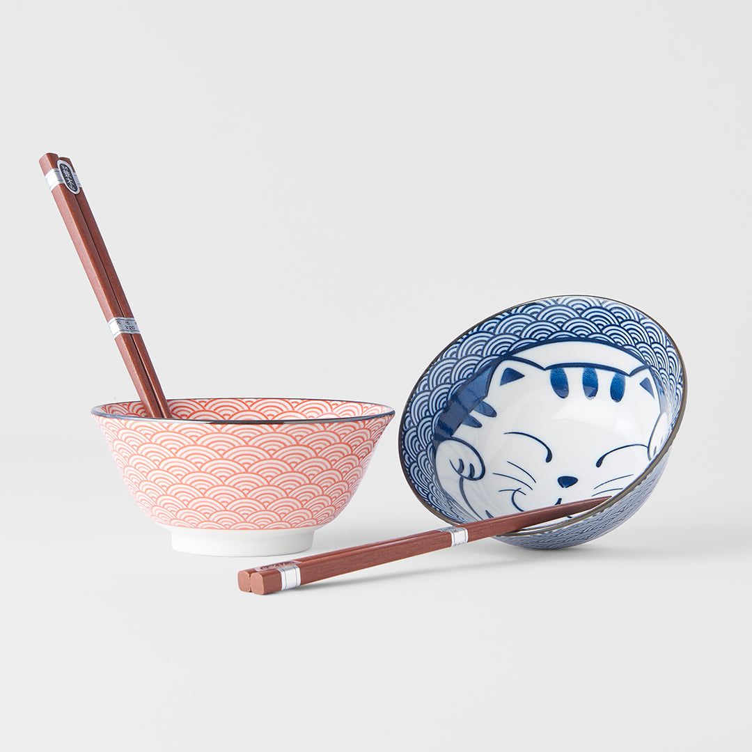 Bowl Set 2pcs with Chopsticks Red & Blue Cat Maneki Wave Design