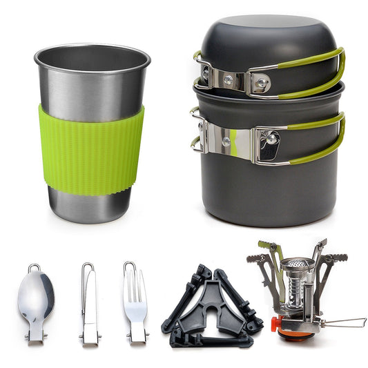 Complete Camping Cookware Set - Portable Pots, Cup, Spork, and Stove for Outdoor Adventures