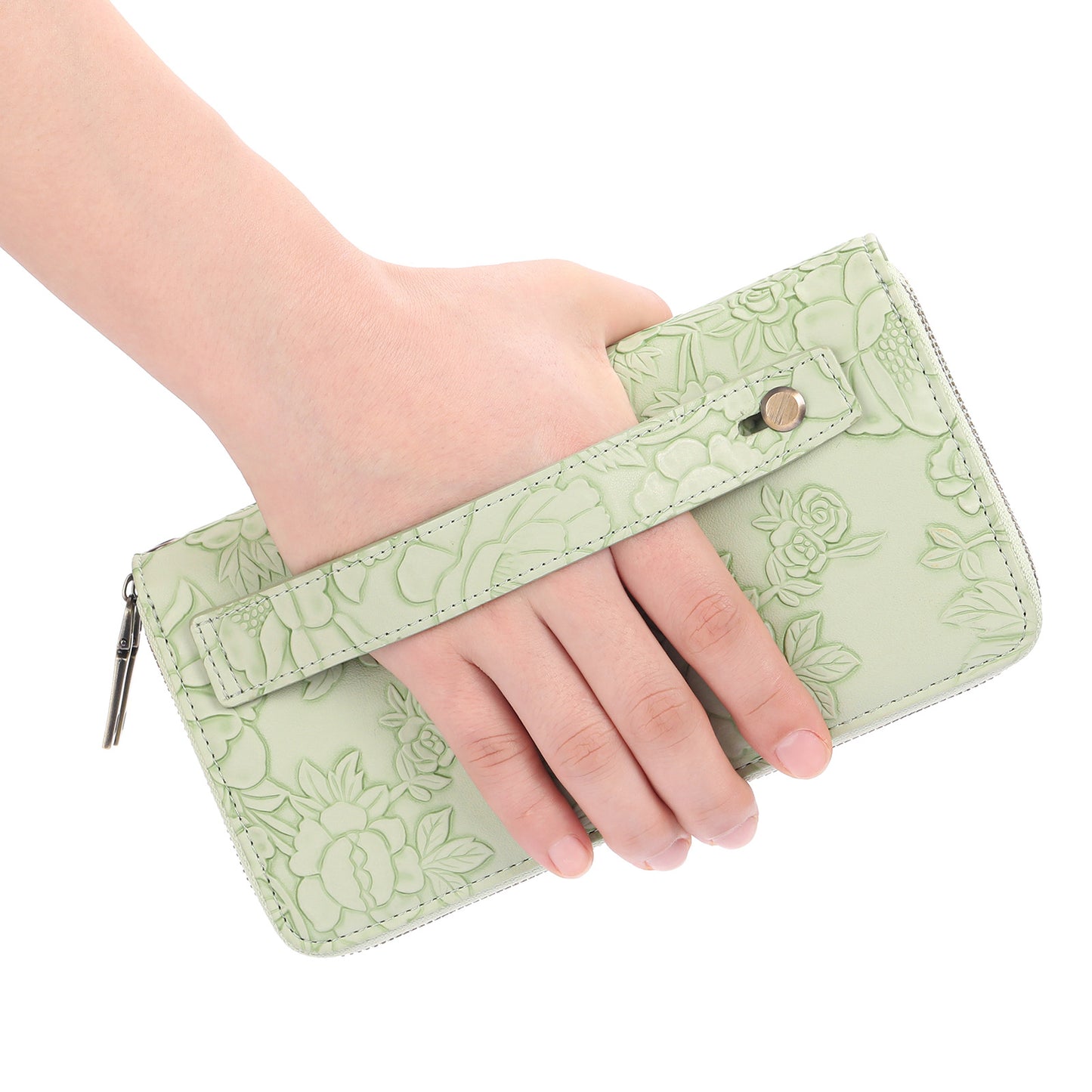Women's Large Capacity Double Zip Wallet Clutch | PU Leather Floral Embossed Wristlet | Phone Holder with 24 Card Slots - Blue