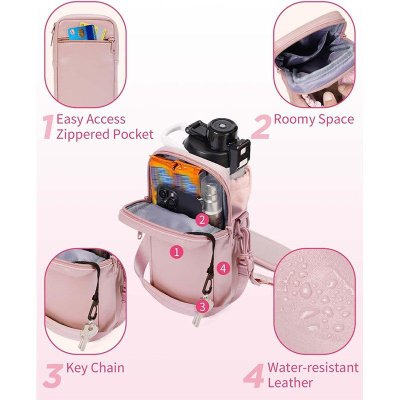 Black Stylish Water Bottle Carrier Bag with Phone Pocket, Key Clip & Adjustable Strap - Crossbody Sling Holder