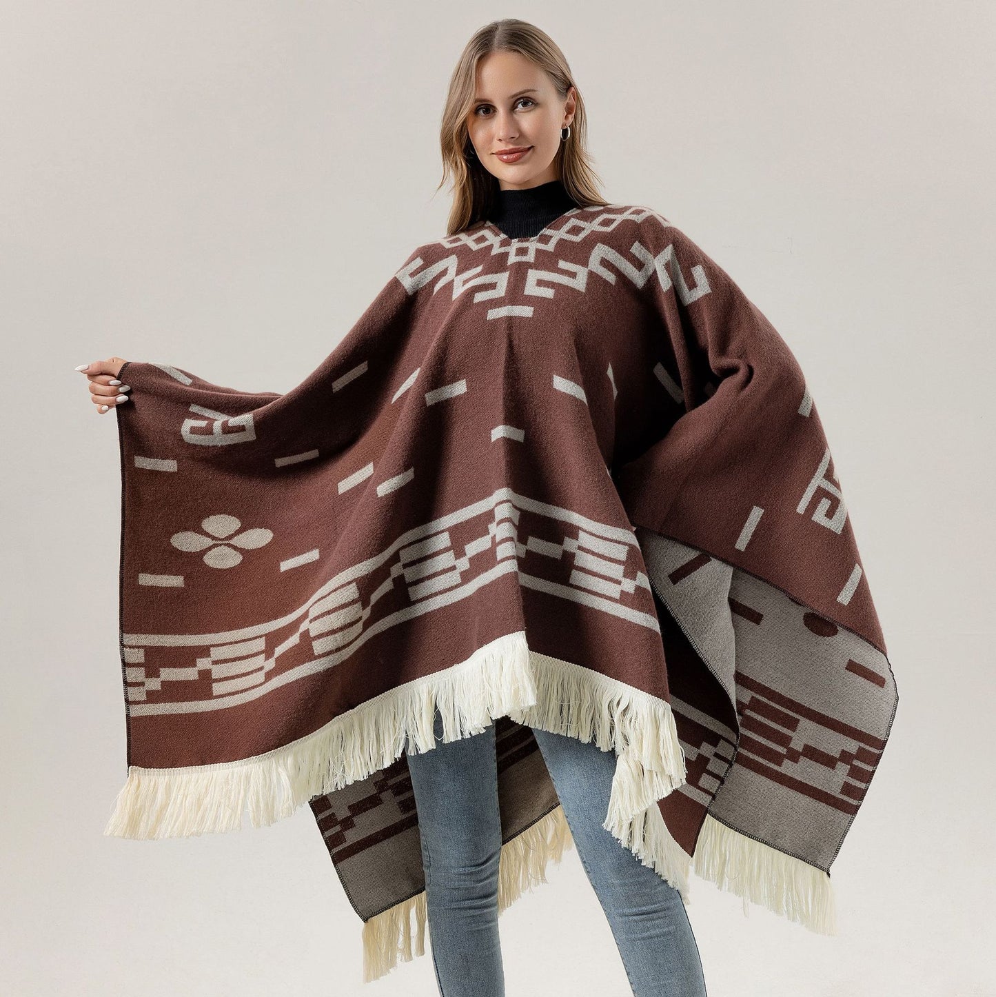 Coffee Women's Versatile Faux Cashmere Poncho Cape Shawl with Geometric Pattern & Fringe Trim - One Size