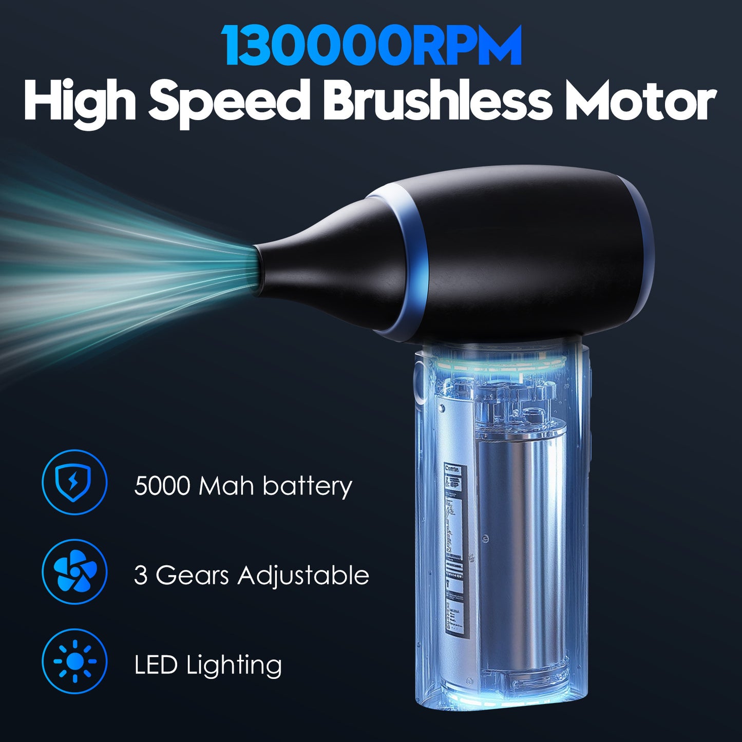 White Portable Turbo Handheld Blower Fan - 130000RPM High-Speed Mini Fan with 5000mAh Battery