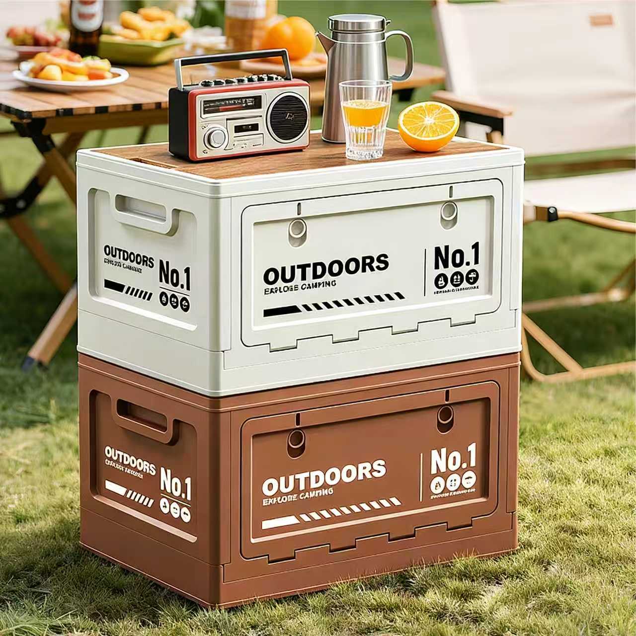 40cm Brown Multifunctional Foldable Storage Box with Wooden Lid - Collapsible Outdoor Camping Crate, Stackable Home Organizer with Side-Opening Doors for Car Trunk, Picnic and Pantry