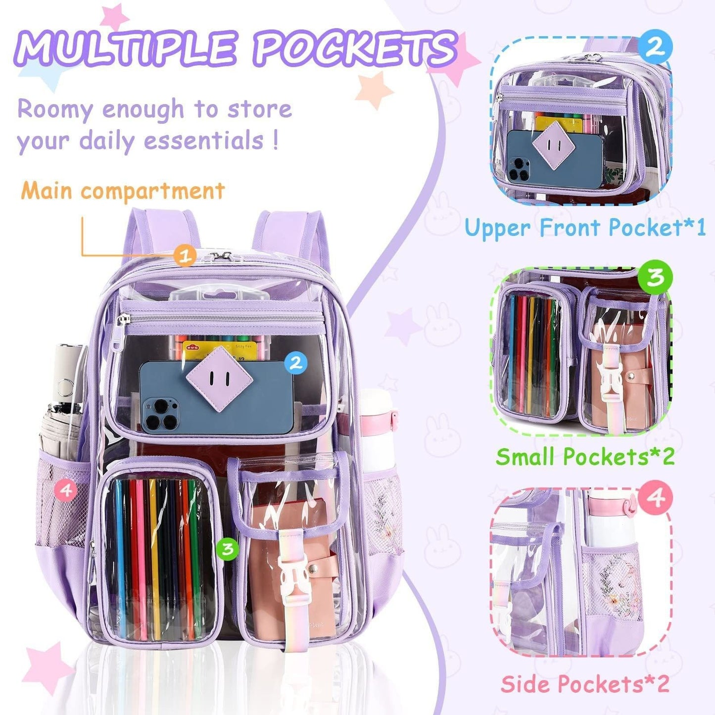 Heavy Duty Clear Transparent Backpack with Purple - Large Capacity PVC Bookbag for School, Stadium, and Gym - Fits 16-Inch Laptop, Binders and A4 Books