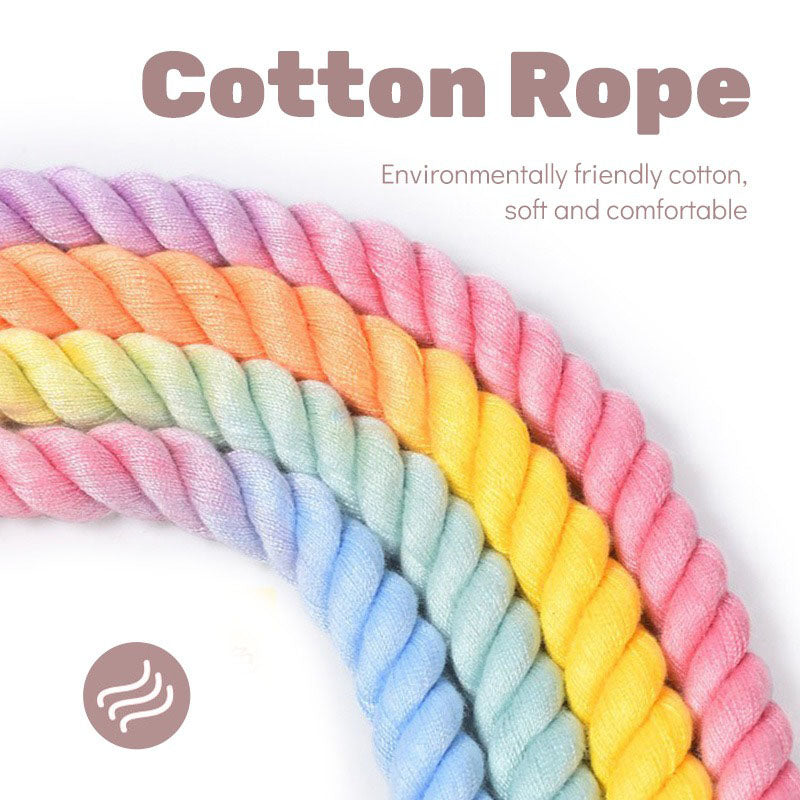 Pink Hand-Woven Rainbow Cotton Rope Dog Leash and Collar Set - Adjustable Veg-Tanned Leather Trim with Heavy Duty Metal Hardware - 150cm Training Lead and S Size Collar