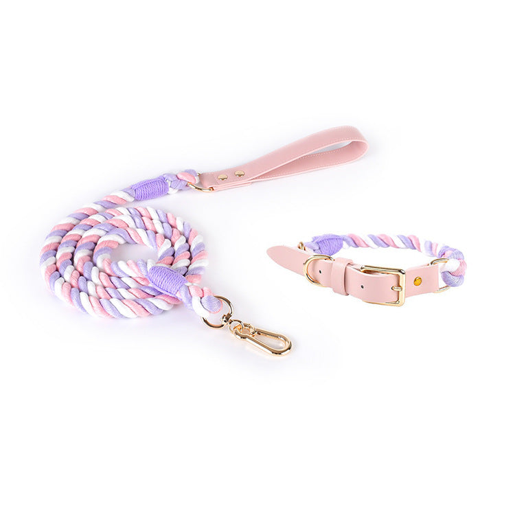 pink+purple Hand-Woven Rainbow Cotton Rope Dog Leash and Collar Set - Adjustable Veg-Tanned Leather Trim with Heavy Duty Metal Hardware - 150cm Training Lead and S Size Collar