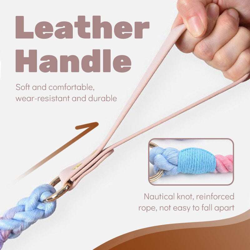 Sky Blue Hand-Woven Rainbow Cotton Rope Dog Leash and Collar Set - Adjustable Veg-Tanned Leather Trim with Heavy Duty Metal Hardware - 150cm Training Lead and S Size Collar