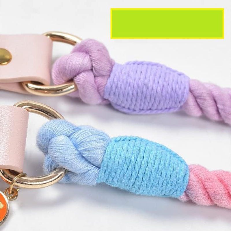 Rose Red Hand-Woven Rainbow Cotton Rope Dog Leash and Collar Set - Adjustable Veg-Tanned Leather Trim with Heavy Duty Metal Hardware - 150cm Training Lead and S Size Collar