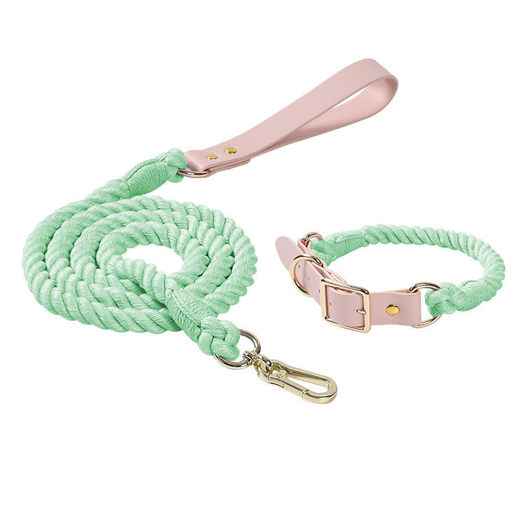Mint green Hand-Woven Rainbow Cotton Rope Dog Leash and Collar Set - Adjustable Veg-Tanned Leather Trim with Heavy Duty Metal Hardware - 150cm Training Lead and S Size Collar