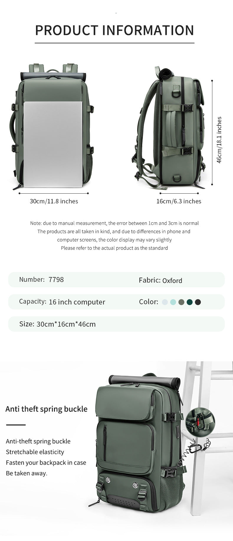 Mint Green Large Capacity 16-Inch Laptop Travel Backpack - Anti-Theft Professional Business Bag with Spring Buckle - Durable Oxford Cloth Outdoor Rucksack for Men and Women