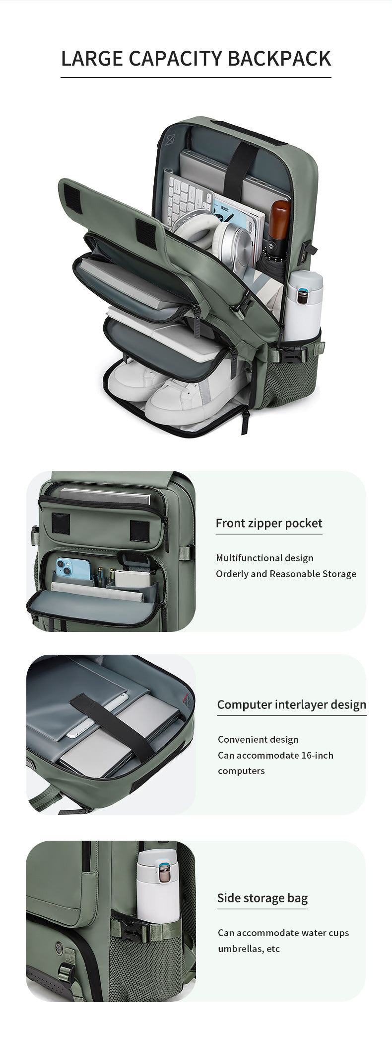 Mint Green Large Capacity 16-Inch Laptop Travel Backpack - Anti-Theft Professional Business Bag with Spring Buckle - Durable Oxford Cloth Outdoor Rucksack for Men and Women