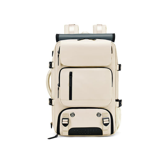 Beige Large Capacity 16-Inch Laptop Travel Backpack - Anti-Theft Professional Business Bag with Spring Buckle - Durable Oxford Cloth Outdoor Rucksack for Men and Women