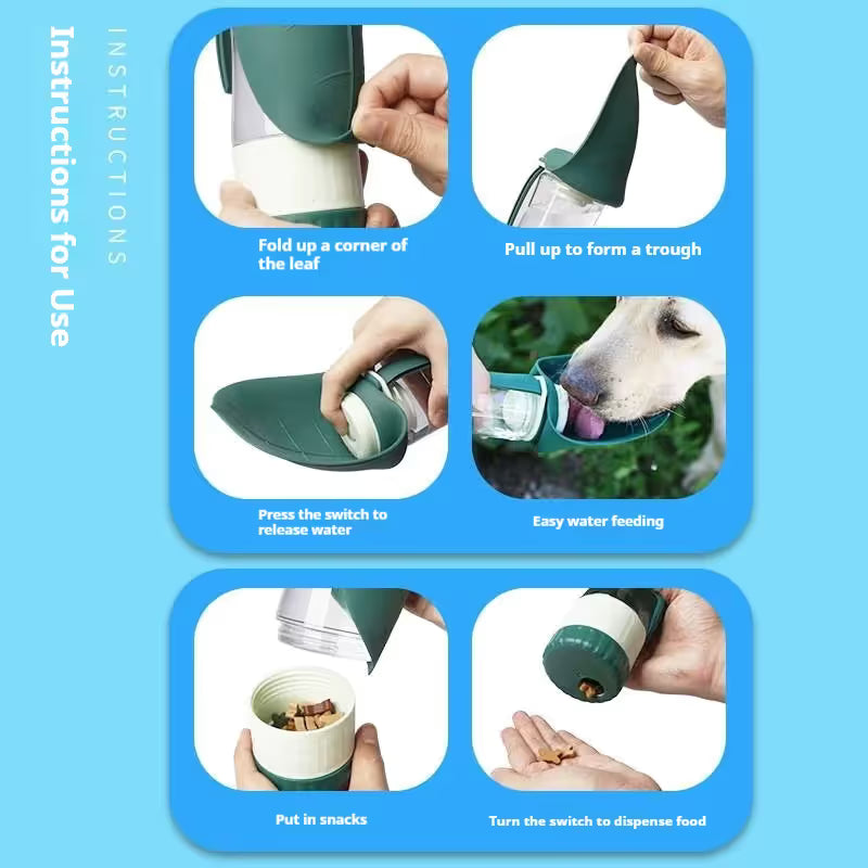 Gray 2-in-1 Portable Dog Water Bottle and Food Container - Leaf-Shaped Silicone Travel Bowl for Pets, Leak-Proof Outdoor Dispenser for Walking, Hiking and Traveling, 330ml Capacity