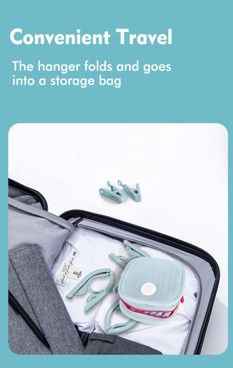 Portable Folding Travel Hangers Set - 19 Piece Laundry Kit with 6 Adjustable Hangers 12 Clips and Storage Bag - Space Saving Design for Caravanning Camping and Student Dorms - Sky Blue
