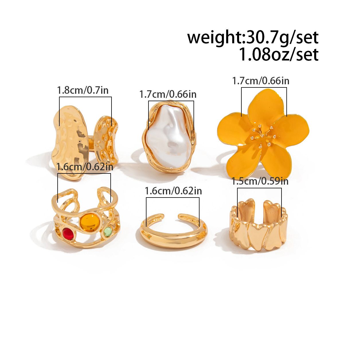 6 Piece Baroque Pearl Flower Ring Set with Gift Jewelry Box - Adjustable Open Rings, Statement Fashion Jewellery, Vintage Inspired Design, Gift Ready Accessory Set for Women