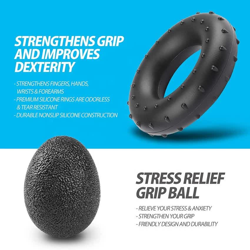 Black 5-Piece Hand Grip Strength Training Set – Adjustable Grip Exerciser, Silicone Grip Rings & Grip Ball