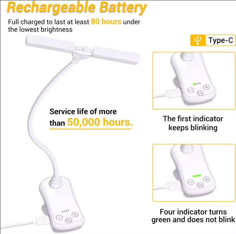Black Rechargeable Dual-Head Clip-On Book Light - Touch Control Reading Lamp with Eye Protection