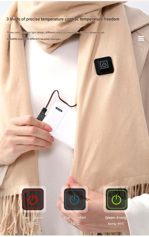 Black Heated Scarf - Electric Warming Scarf, Winter Outdoor Essential (Without power bank)