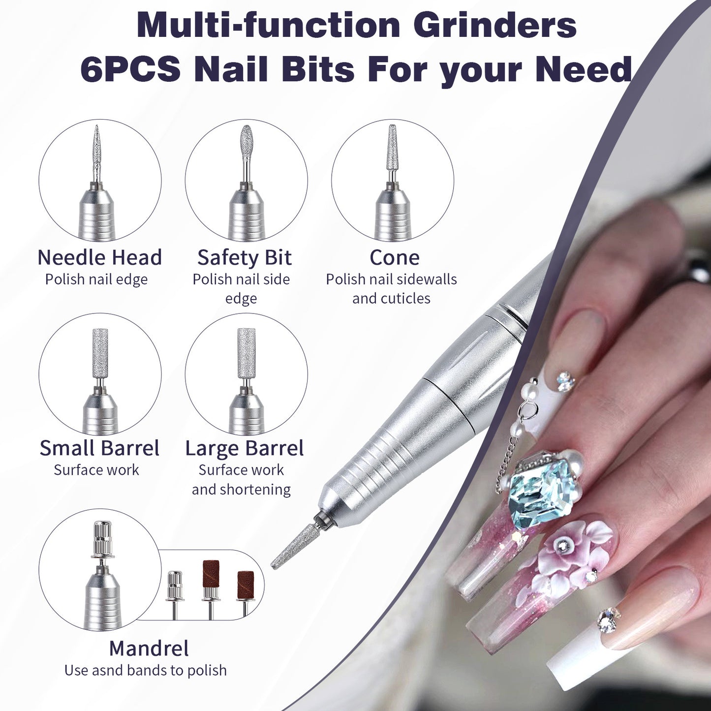 Pink+Blue Portable Electric Nail Drill - Rechargeable, Adjustable Speed, Low Vibration