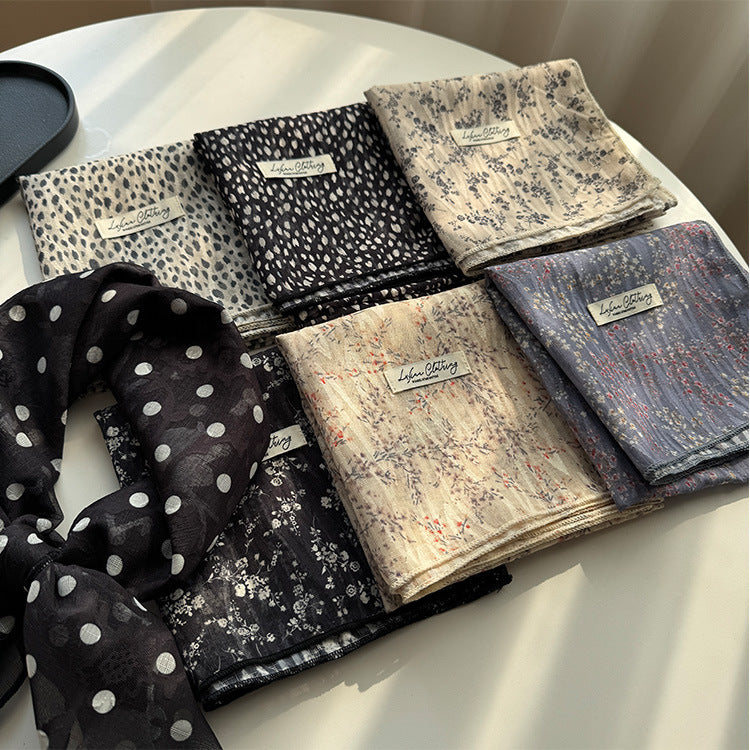 Style 16 Dark Blue Versatile Patterned Square Scarf | 65x65cm Lightweight Polyester Neckerchief Headband | Vintage Polka Dot & Floral