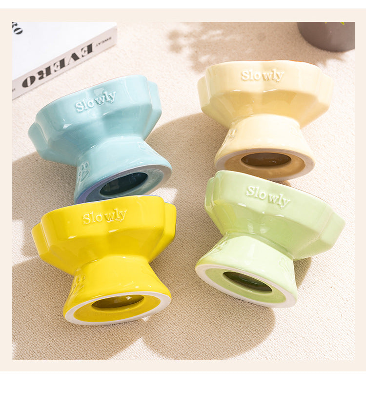 Blue and Pink Ceramic Slow Feeder Pet Bowl for Cats and Small Dogs - Anti-Choke Elevated Design with 15-Degree Tilted Rim
