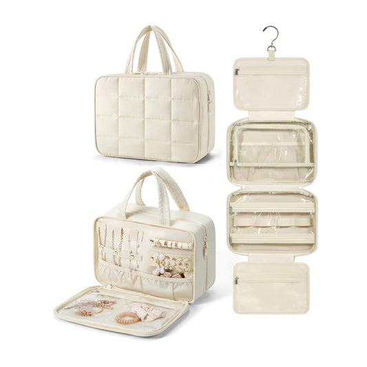 Size M Beige Quilted Hanging Toiletry Bag with Jewelry Organizer - Travel Cosmetic Case(28*12*20)