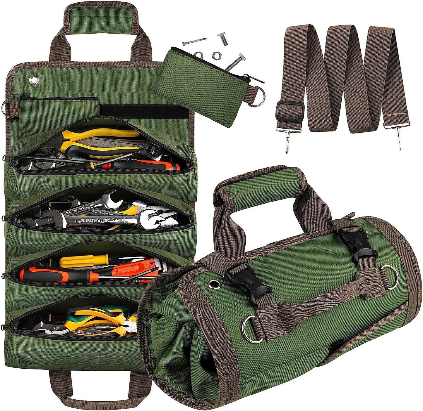 Black Heavy Duty Roll-Up Tool Bag Organizer - Waterproof Oxford Fabric Pouch with Multiple Pockets