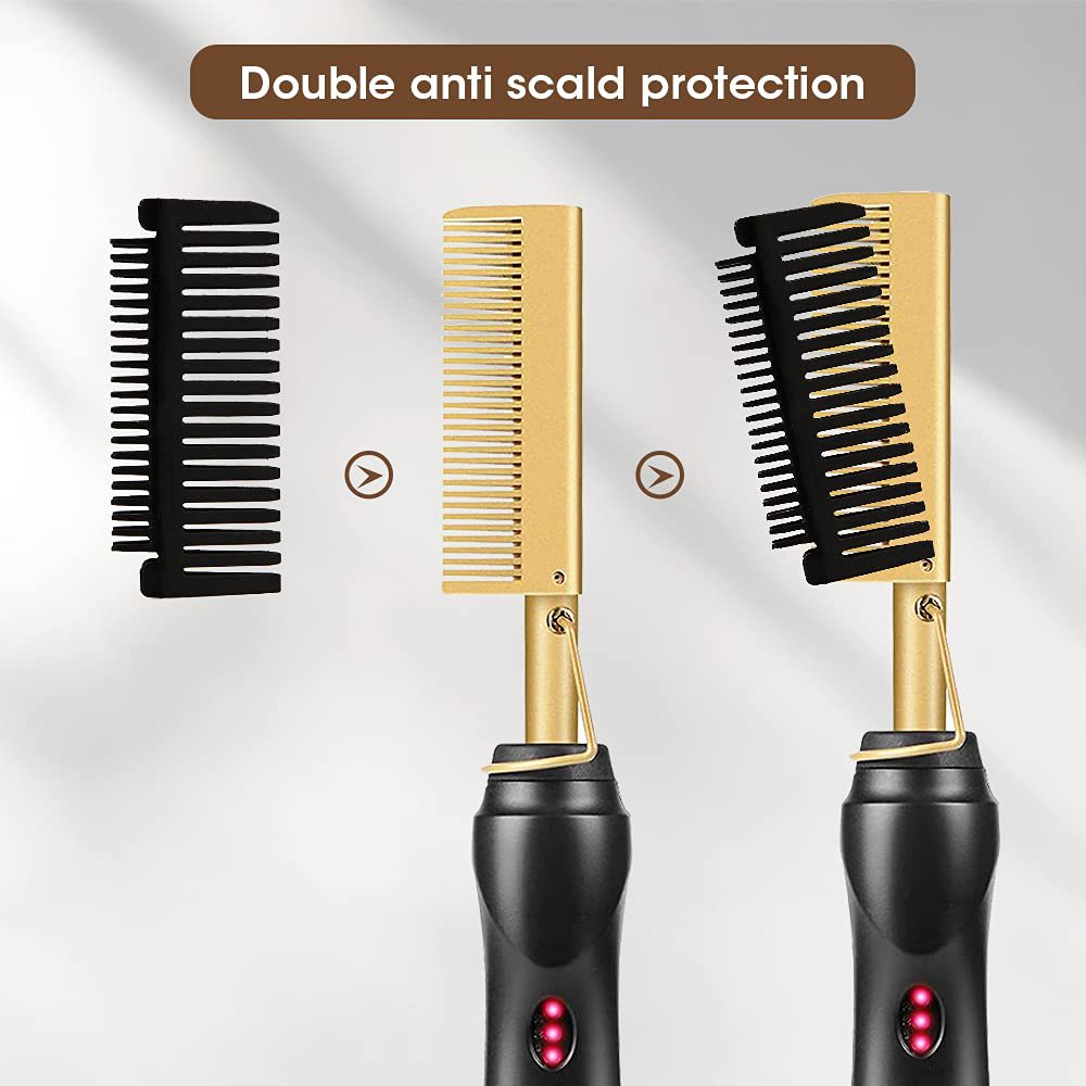 Gold and Black Electric Hot Comb Hair Straightener - Fast Heating Styling Tool with 3 Temp Settings & Anti-Scald Guard
