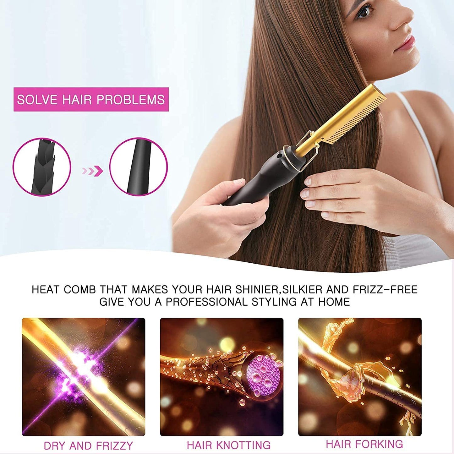 Rose Red And Black Electric Hot Comb Hair Straightener - Fast Heating Styling Tool with 3 Temp Settings & Anti-Scald Guard